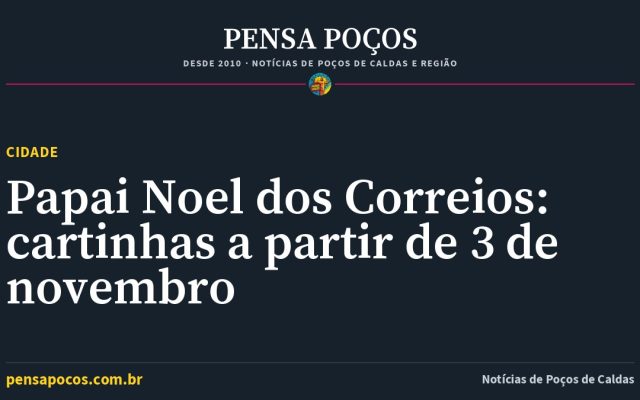 Papai Noel dos Correios recebe cartinhas em Poços de Caldas a partir de 3 de novembro